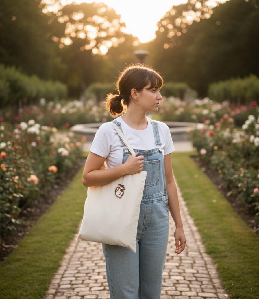 Pregadeira Coração Humano em madeira artesanal colocada num tote bag de lona, usada por uma jovem em ambiente de jardim. Acessório de moda e design.
