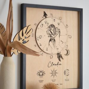 Quadro de parede personalizado em madeira clara com moldura preta, exibindo um mapa natal com o desenho do signo de Aquário no centro. Na parte inferior, está o nome "Cláudia" e informações astrológicas O quadro está apoiado numa prateleira branca ao lado de um vaso bege com folhas de madeira e secas decorativas.