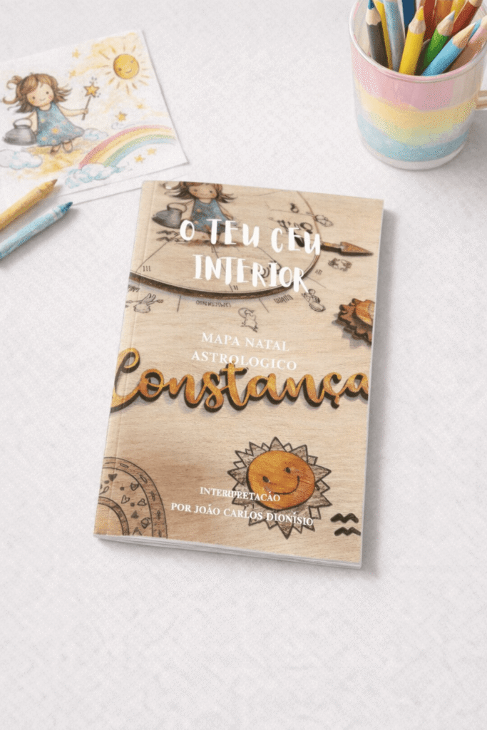 O teu ceu interior - lnterpretação infantil Livro “O Teu Céu Interior” em formato A5 sobre mesa clara, com desenho de criança e copo colorido com lápis.