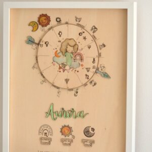 Mapa astrológico infantil em madeira personalizado com pintura manual e relevo 3D Aurora Pinóquio woodart.