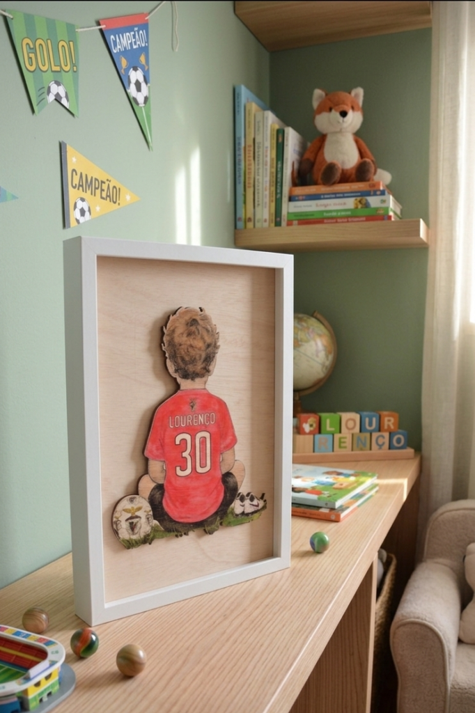 Quadro personalizado da Pinóquio Woodart com jogador do Benfica (Lourenço 30) decorando uma secretária de madeira num quarto de criança com temática de futebol.