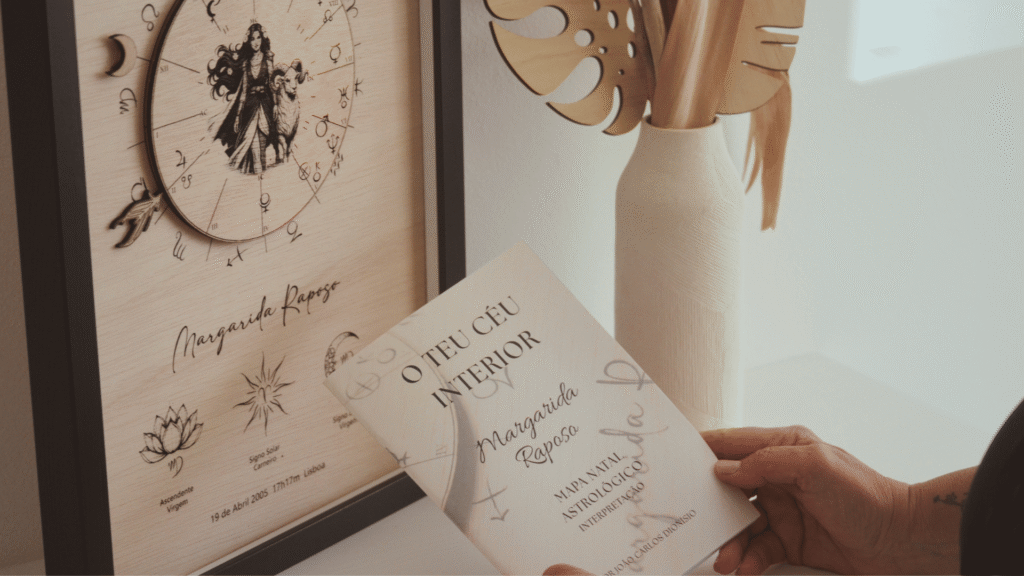 Quadro astrológico personalizado com livro de interpretação do mapa astral numa campanha de lançamento
