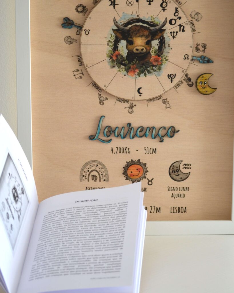Conjunto de quadro de mapa astrológico infantil em madeira personalizado com o nome Lourenço, dados de nascimento (4,200kg e 51cm) e livro de interpretação aberto, da Pinóquio Woodart.