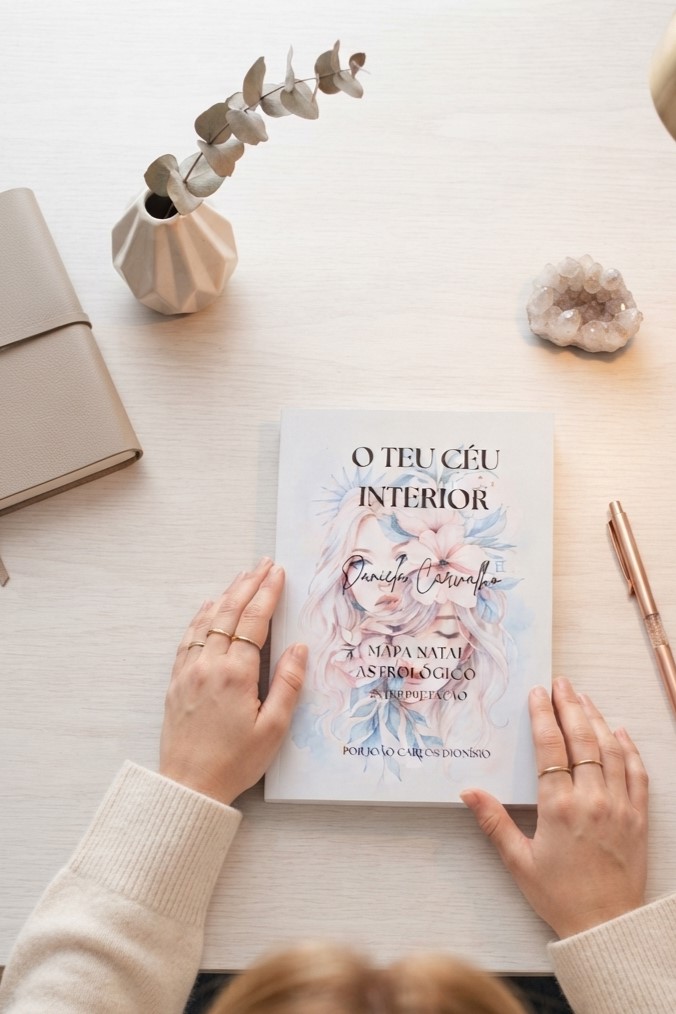 Mulher com cabelos claros a ler o livro personalizado de interpretação de mapa natal O Teu Céu Interior de Daniela Carvalho numa secretária acolhedora e minimalista