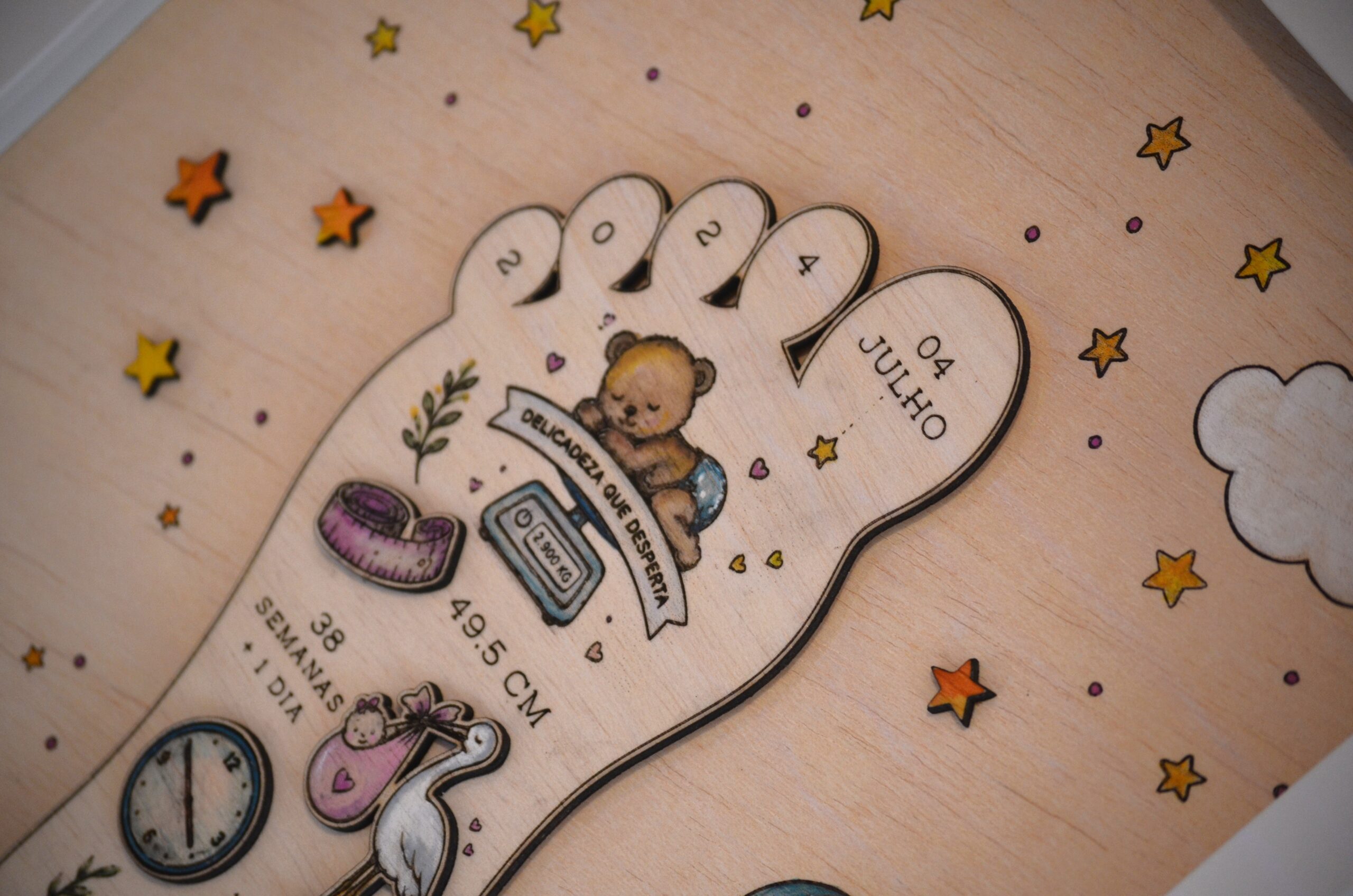 Close-up dos detalhes em madeira 3D com dados de nascimento do quadro Era uma vez do Pinóquio Woodart.
