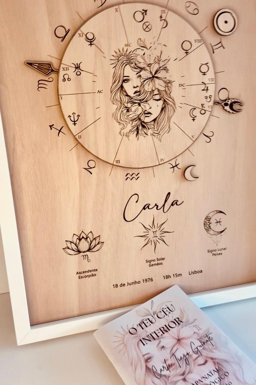 Quadro astrológico em madeira com mapa natal e livro personalizado "O Teu Céu Interior" em nome de Carla Tiago Guinote, criado pela Pinóquio Woodart
