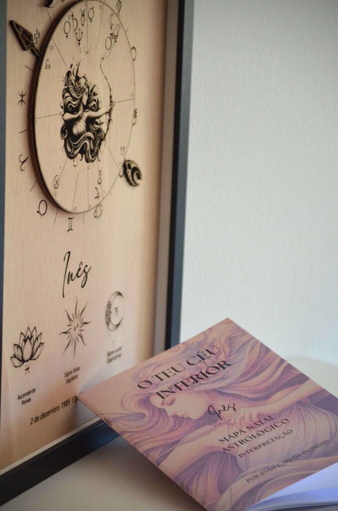 Quadro de mapa astrológico em madeira da Pinóquio Woodart com o nome Inês, acompanhado pelo livro de interpretação "O Teu Céu Interior" em primeiro plano.